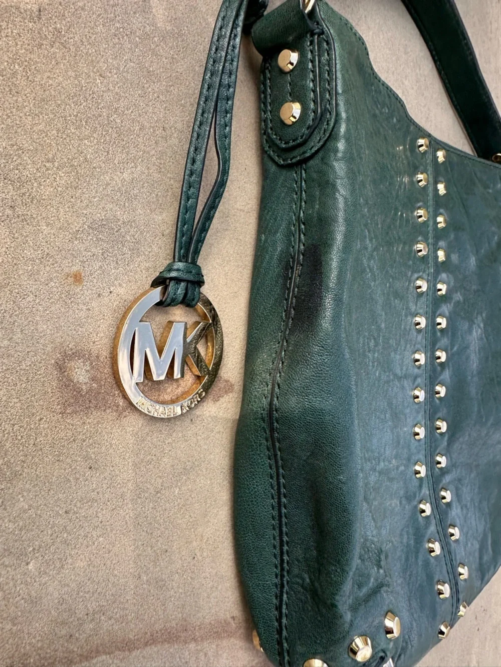 Michael Kors Uptown Astor Hunter Green Gold Studded Hobo/Shoulder Bag